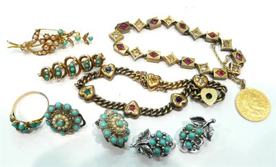 Lot 269 - A turquoise bar brooch, another, a ring, two pairs of earrings, a gold ten franc piece on a...