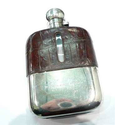 Lot 279 - A silver, glass and faux crocodile hip flask inscribed 'W. Wilberfoss', by James Dixon, Sheffield