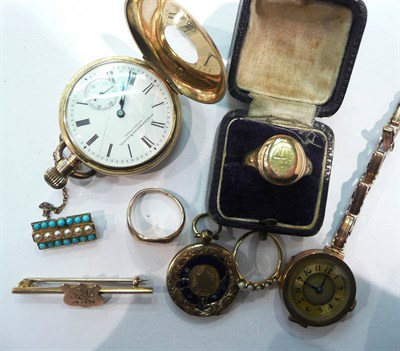 Lot 283 - A half hunter cased pocket watched stamped "10c", a 15ct gold ring and other gold items