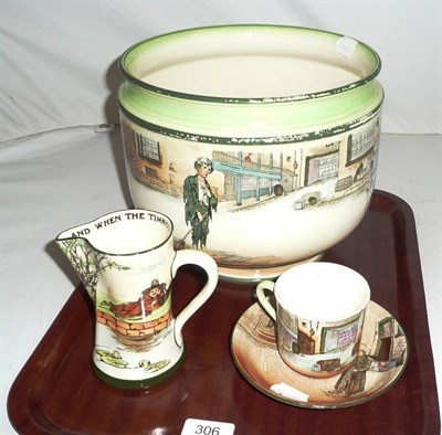 Lot 306 - A Doulton Dickens Ware jardiniere and cup and saucer and a Doulton Series Ware jug 'The Gallant...