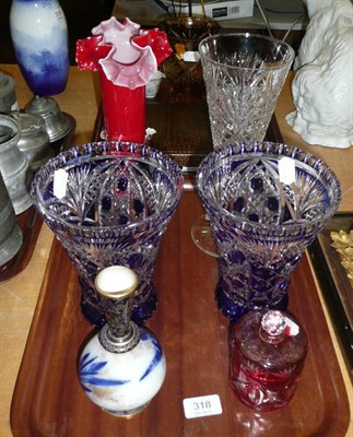 Lot 318 - A pair of blue overlay cut glass vases, a jar and cover, a frill vase, a cut glass trumpet vase and