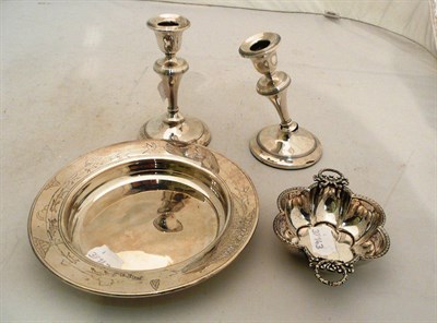 Lot 326 - A silver dish, a small lobed dish and a pair of candlesticks