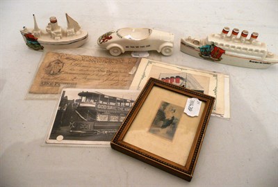 Lot 332 - Carlton china crested model of the Lusitania, a woven Lusitania card, a Tuscan china crested...