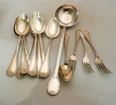 Lot 337 - Continental flatware comprising a soup ladle, nine tablespoons, a desert spoon and three forks