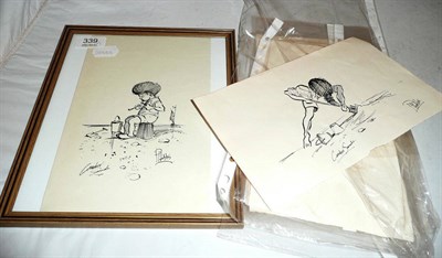 Lot 339 - P. Hobbs, seven studies of children on Camber Sands, pen and inks