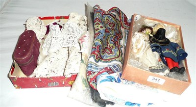 Lot 341 - Lace collars, hankies, a fabric doll and two bisque dolls