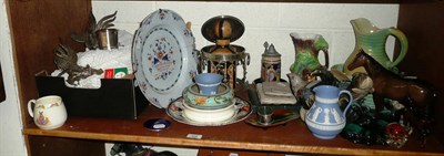 Lot 356 - A shelf of decorative ceramics, glass and ornamental items including a guilloche enamel powder...