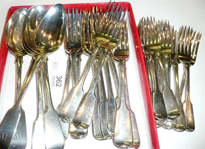 Lot 362 - Six fiddle pattern tablespoons, eleven fiddle pattern tableforks and twelve fiddle pattern...