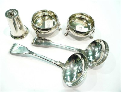 Lot 363 - A pair of Georgian silver cauldron salts, a silver pepperette and a pair of silver fiddle...