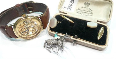 Lot 364 - A pair of cuff-links, a Rotary wristwatch and a paste horse and jockey brooch