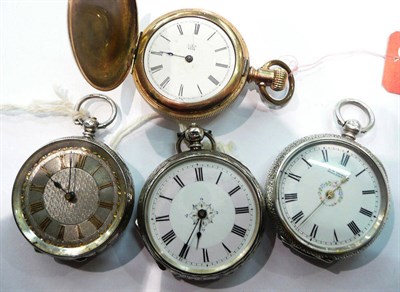 Lot 369 - Three silver cased fob watches and a gold plated fob watch (4)