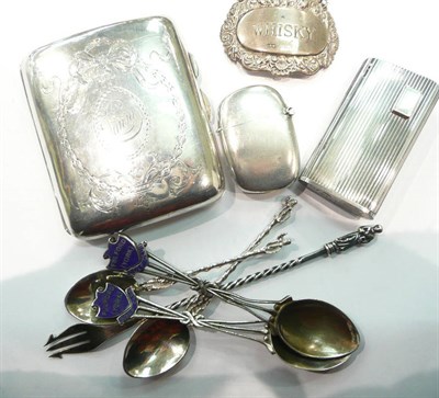 Lot 372 - A silver cigarette case, a vesta case, silver teaspoons, Ronson lighter etc