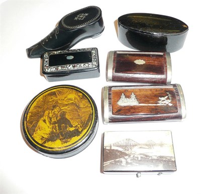 Lot 377 - A papier-mache boot-shaped snuff box, two rosewood snuff boxes and four papier-mache snuff boxes