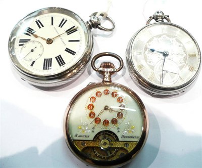 Lot 378 - A French Herdomas eight day pocket watch, a silver cased fusee pocket watch and a silver cased...