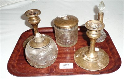 Lot 407 - Pair of squat silver candlesticks, scent bottle, larger scent bottle and a hair tidy