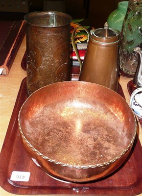 Lot 416 - Three items of Arts and Crafts copper ware including a W A S Benson flask