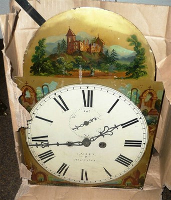 Lot 436 - Mid 19th century painted clock face, pendulum and weights for a longcase clock (case missing)