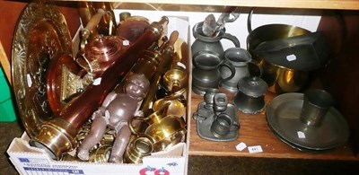 Lot 441 - Quantity of brassware and pewter including shell cases and a fire hose nozzle