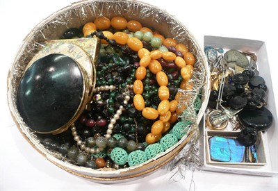 Lot 443 - A collection of costume and other jewellery including a jet brooch and bracelet, micro mosaic stick