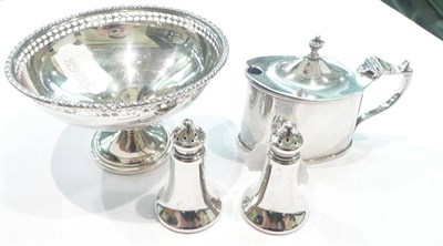 Lot 448 - A silver mustard pot, a small pedestal dish, a salt and pepper