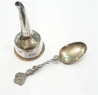 Lot 450 - A Continental silver spoon and a Sheffield plate wine funnel