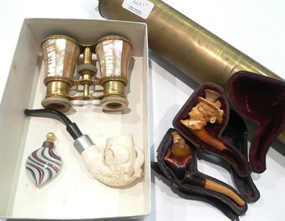 Lot 463 - Opera glasses, three pipes, telescope and a small scent bottle