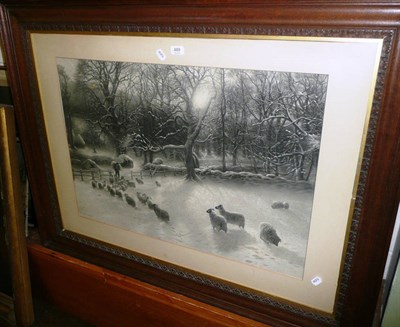 Lot 489 - After Farquharson, a wintry scene with shepherd feeding sheep, black and white print