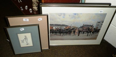 Lot 494 - Three military prints, two sketches and two tennis racquets and a travel iron and an electric clock