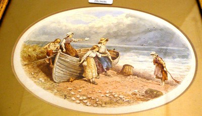 Lot 495 - Oval watercolour, beach scene after Birkett-Foster