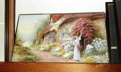 Lot 504 - R Thornton - a girl with ducks outside a thatched cottage and a young woman picking roses outside a