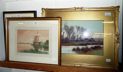 Lot 519 - F Edwards watercolour of sheep and thatched cottages and another of a windmill (2)