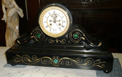 Lot 614 - A black slate and malachite inlaid striking mantel clock