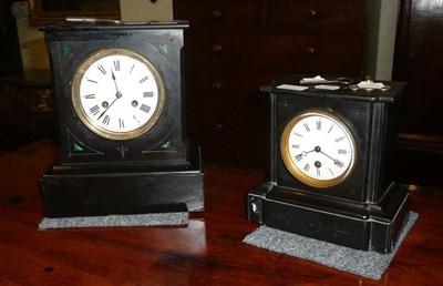 Lot 616 - A Belgian black slate mantel clock and a Belgian black slate mantel timepiece