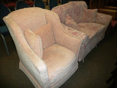 Lot 626 - A two seater settee upholstered in pink and cream weave, a box shaped armchair upholstered in...