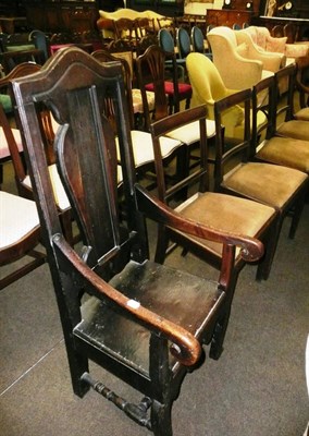 Lot 636 - A 17th century oak open armchair, a set of four provincial dining chairs and an elbow chair (6)