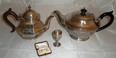 Lot 2 - A silver teapot (13oz), a plated teapot, a miniature silver trophy and a pair of yellow metal studs