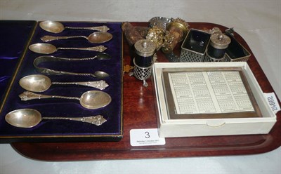 Lot 3 - Pair of silver fancy sugar spoons, pair of pepperettes and salts, set of coffee spoons and tongs in