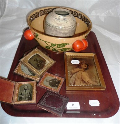 Lot 8 - Pottery bowl with armorial to the centre, chrystoleum, daguerreotypes and a pottery vase