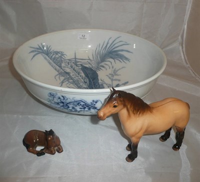 Lot 12 - Moore & Co transfer-printed pottery washbowl, a Beswick Highland pony and a Beswick foal...