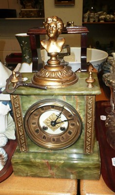 Lot 16 - A gilt metal-mounted green alabaster mantel clock circa 1900 with maiden bust finial, 33cm high