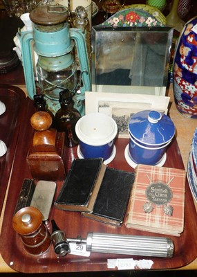 Lot 29 - A silver-mounted oak pepperpot, a Barbola mirror, apothecary jars, etc