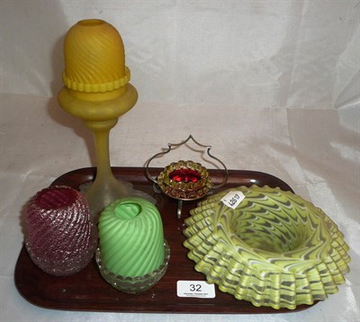 Lot 32 - Three glass night lamps in red, green and yellow, a green dish and a salt in a plated stand