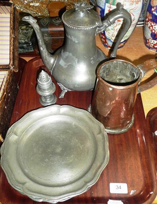 Lot 34 - Four pewter plates, a copper measure, a pewter teapot and a pepper pot