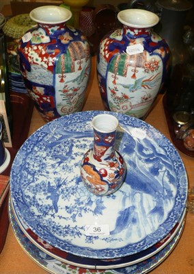 Lot 36 - Pair of Japanese vases and three chargers and a small Imari vase