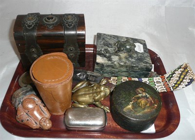 Lot 37 - Papier mache snuff box, soapstone box, beadwork horn, scent casket, etc
