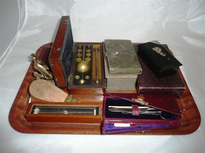 Lot 39 - Five sewing boxes, A Syke's Hydrometer, Compass needle, brass chimney ornaments, etc