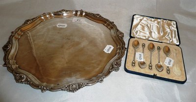 Lot 41 - Silver salver and five spoons cased, 30oz approx