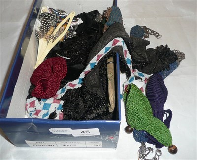 Lot 45 - Seven various misers purses and a fan and a collection of French jet and other beadwork