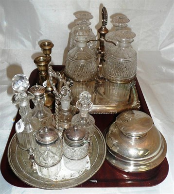 Lot 48 - Silver inkwell, a pair of silver candlesticks and condiment stands