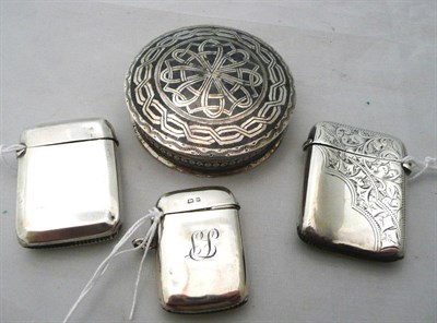 Lot 64 - Niello circular box and cover and three silver vestas